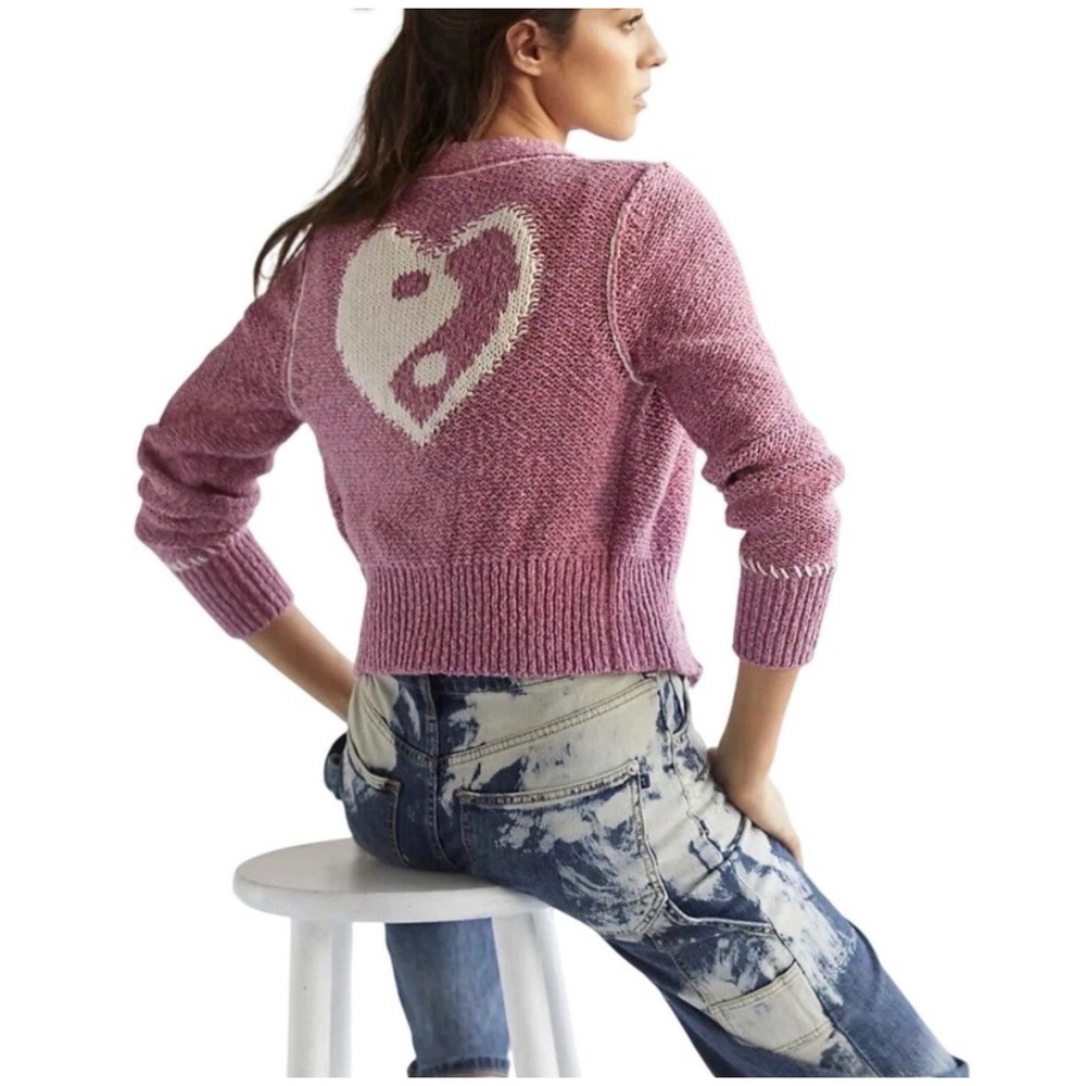 ‼️SALE‼️Pilcro Anthropologie Yin Yang Heart Cardigan Pink Marl Cropped Sweater X